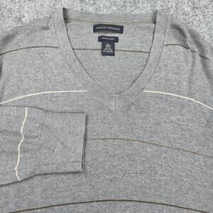 Banana Republic Sweater Mens XL Gray Stripe V Neck Silk Cashmere Knit Pullover